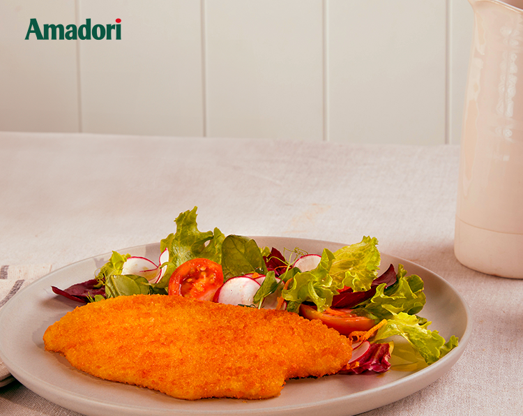 Cotoletta Sottile Amadori con insalata mista e scorza d’arancia