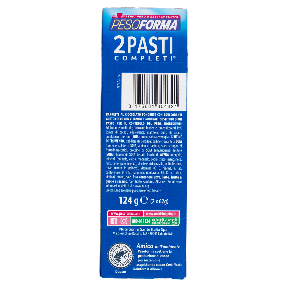 Pesoforma Barrette 2 Pasti Low Sugar Fondente Cocco High Protein 2x62g - Foto 3