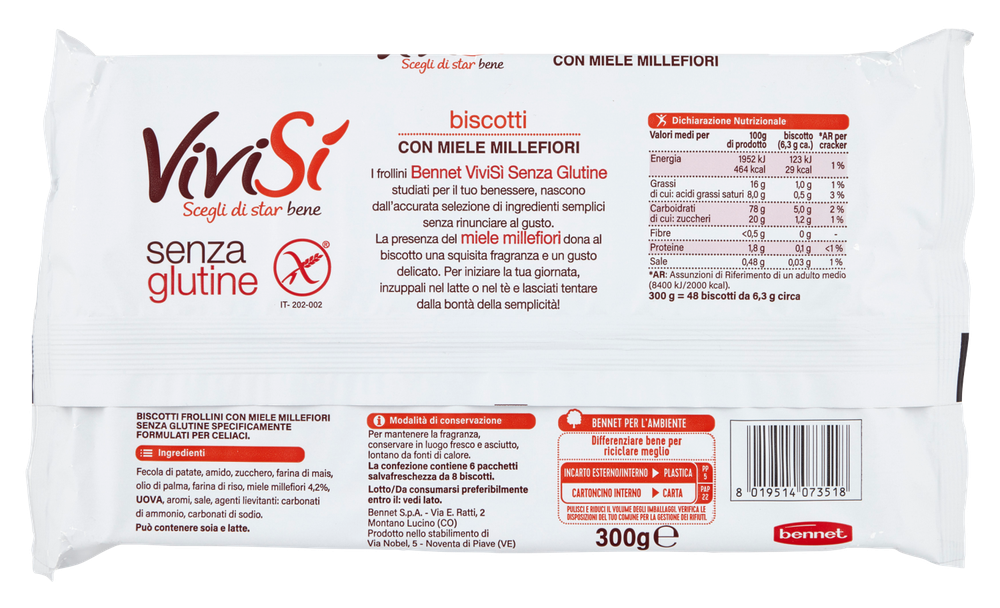 Biscotti Con Miele Millefiori Senza Glutine 6x50g Bennet Vivisì - Foto 3