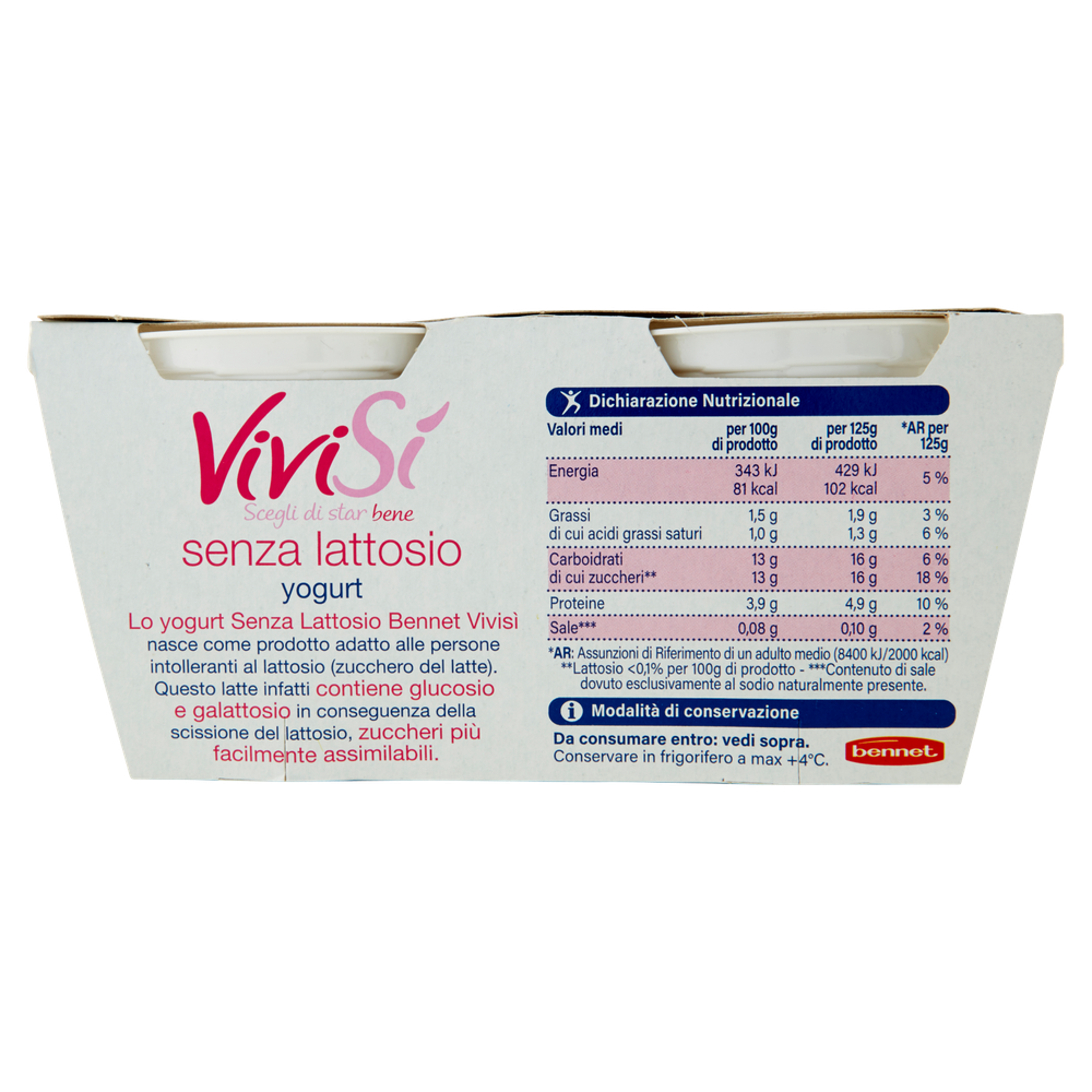 Yogurt Vaniglia Senza Lattosio Bennet Vivisi' 2 Da Gr.125