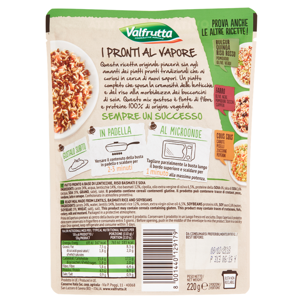 Piatto Pronto I Pronti Al Vapore Con Riso Basmati, Lenticchie E Soia V - Foto 3