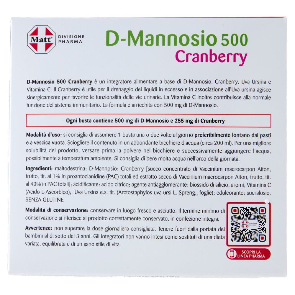 Integratore D-Mannosio 500 Cranberry E Vitamina C 12 Bustine Matt - Foto 3