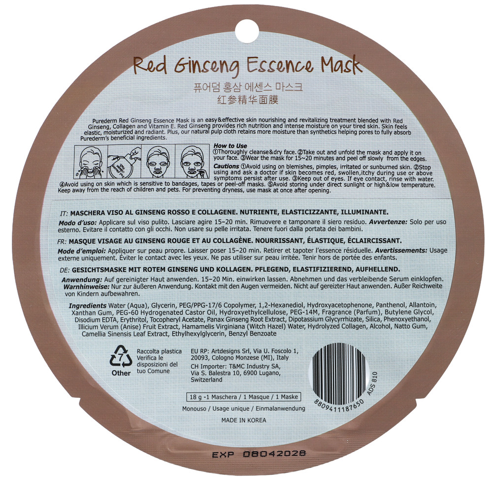 Maschera Viso All'essenza Di Ginseng Rosso Purederm - Foto 3