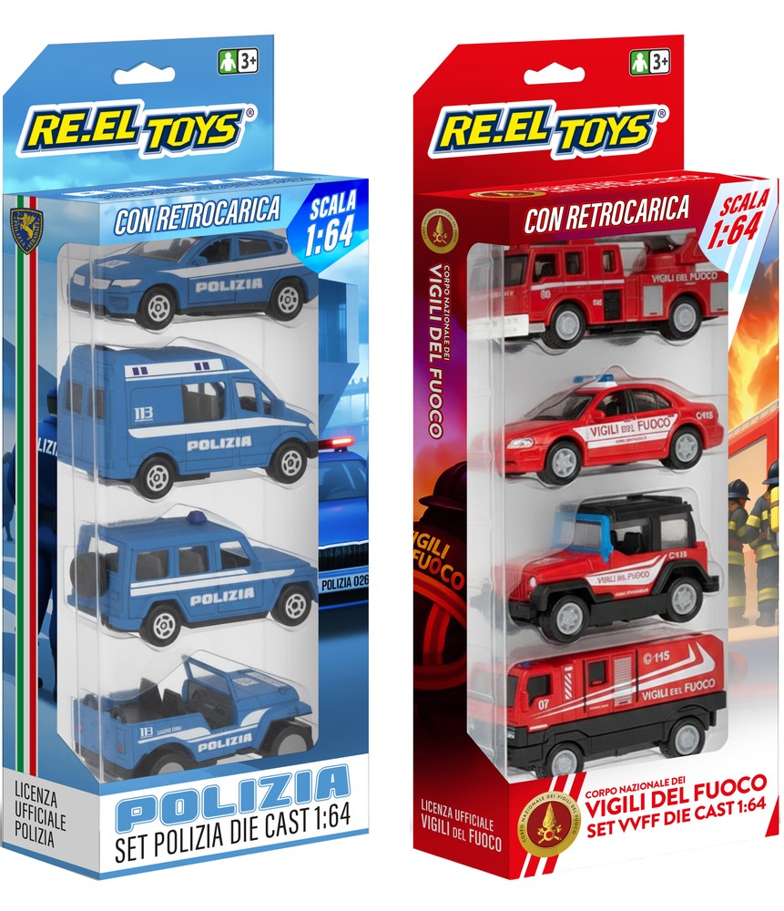 Set 4 Auto Retrocarica Scala 1:64 Licenza Polizia O Vigili Del Fuoco - Foto 1