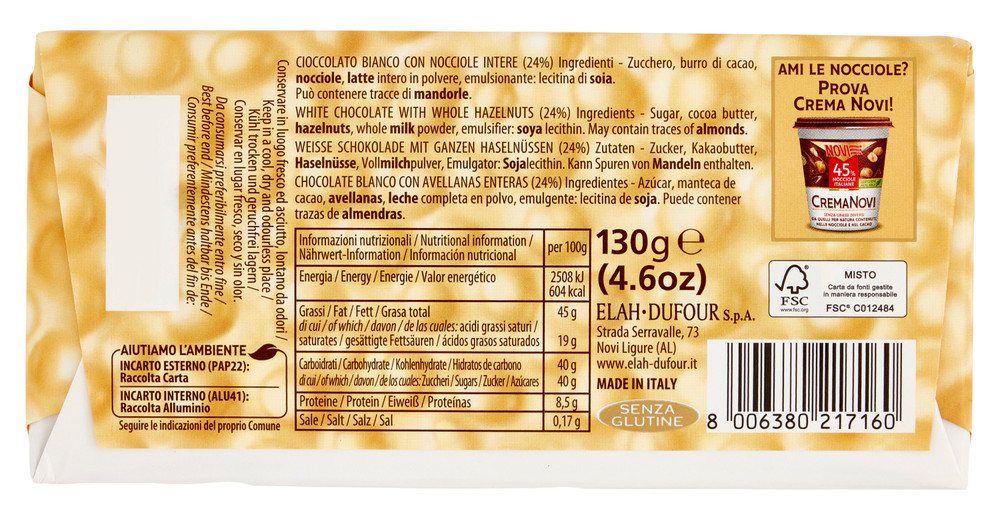 Tavoletta Di Cioccolato Bianco Nocciolato Con Nocciole Intere Novi - Foto 3