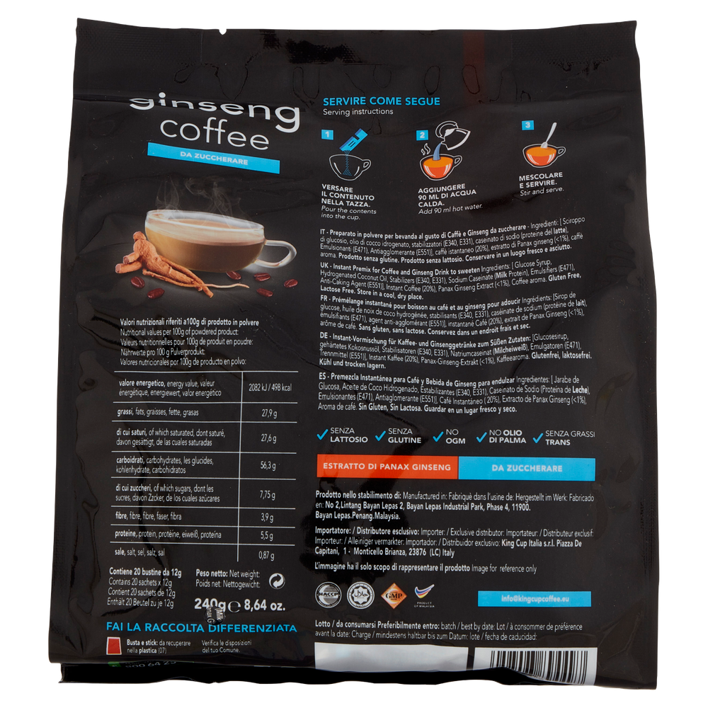 Caffè Al Ginseng Solubile Da Zuccherare In Bustine 20x12g King Cup - Foto 3