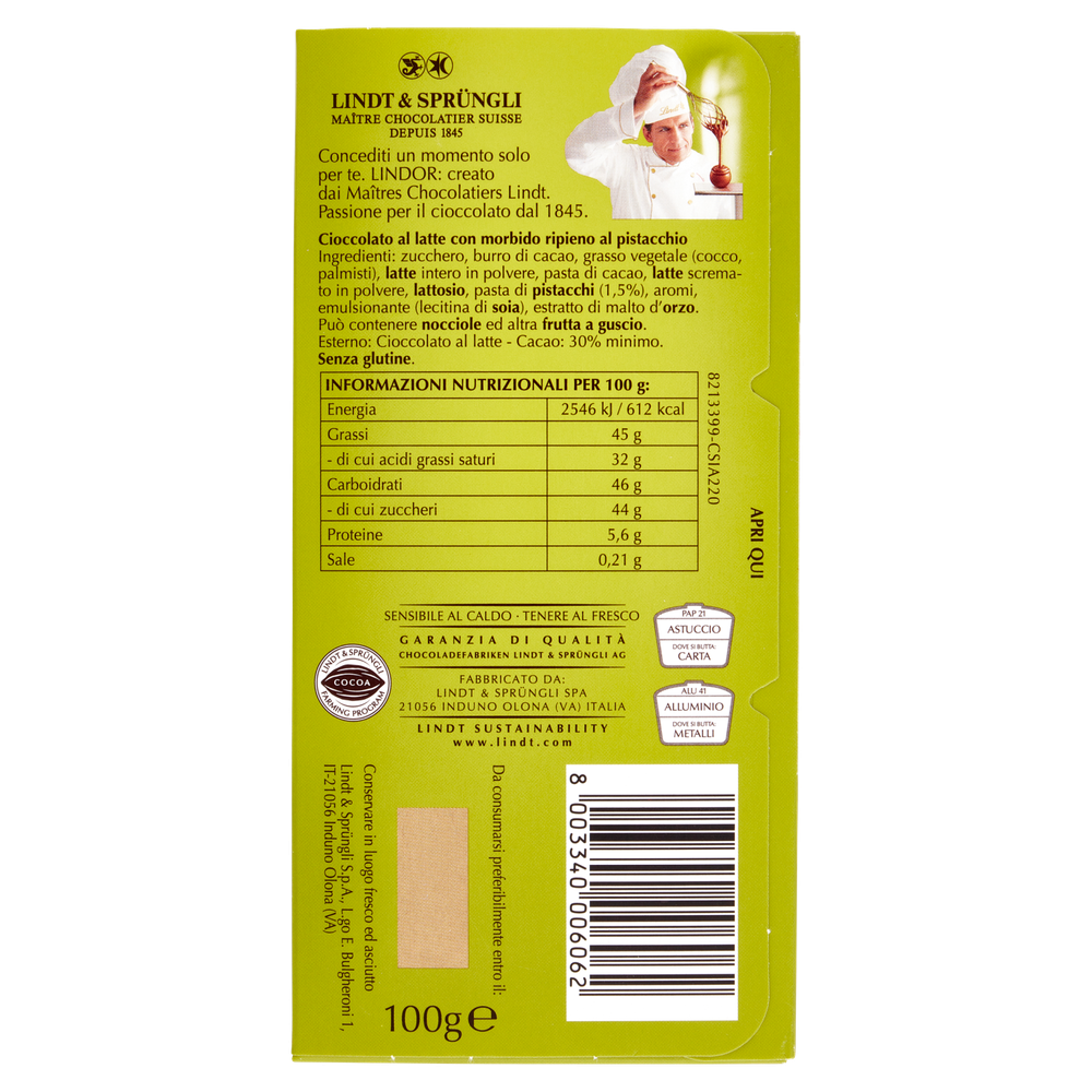 Lindt Lindor Tavoletta Di Cioccolato Latte Ripeno Pistacchio - Foto 3