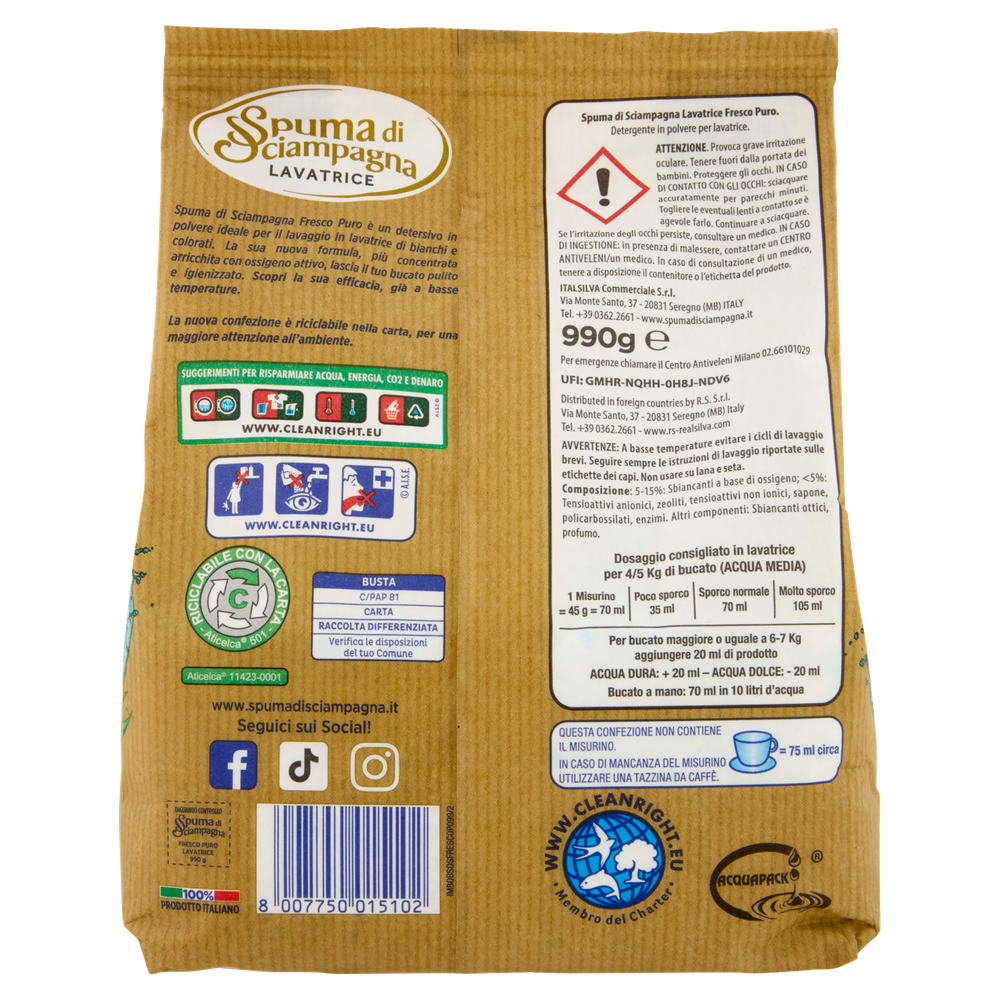 Detersivo Polvere Lavatrice Biancopuro Spuma Di Sciampagna 22 Lavaggi - Foto 3