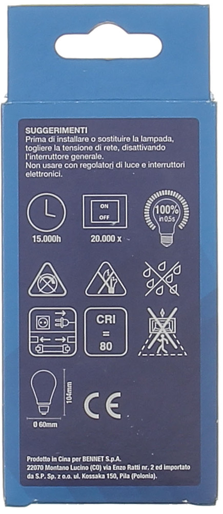 Lampadina Led Filamento Goccia 60w E27 Luce Calda Bennet