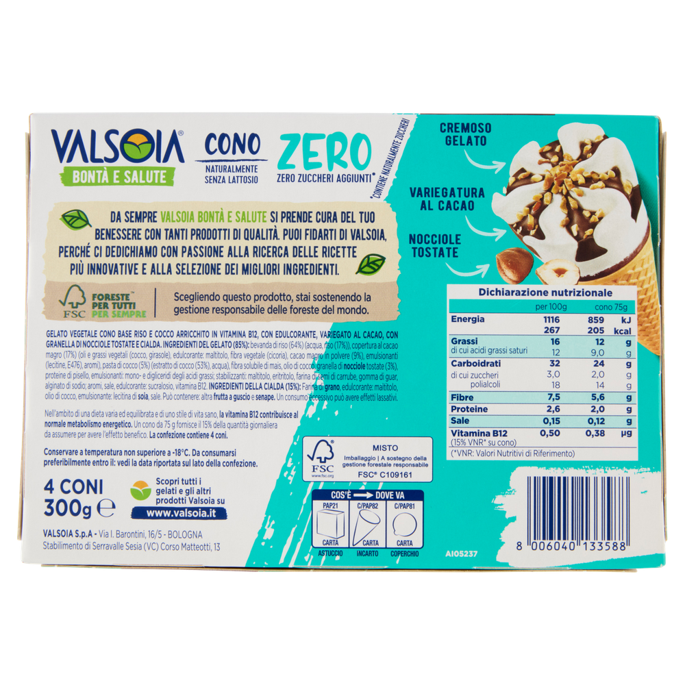 Valsoia Bonta' E Salute Cono Zero Zuccheri Cacao E Nocciole 4x75g - Foto 3