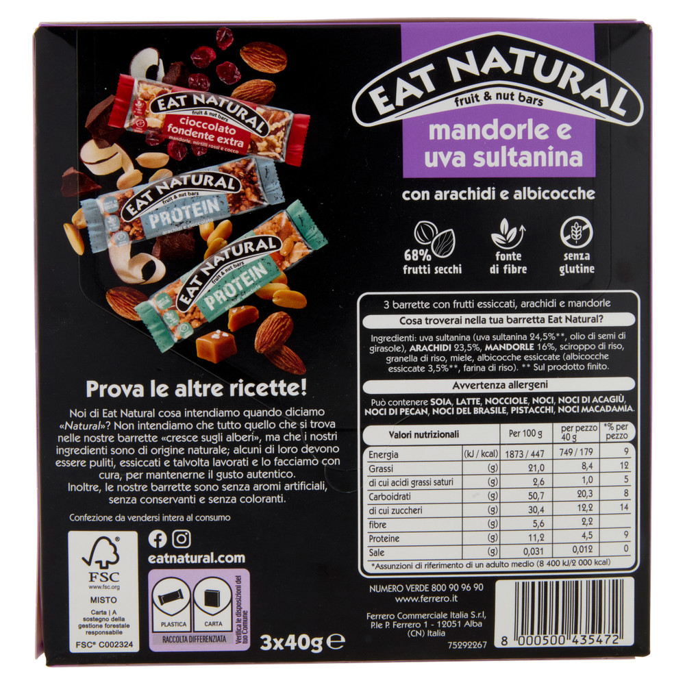 Barrette Mandorle Uva Sultanina Arachidi Albicocche 3x40g Eat Natural - Foto 3