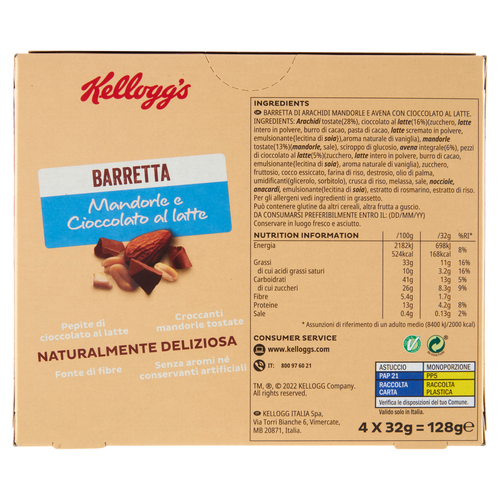 Barrette Alle Mandorle Con Cioccolato Al Latte 4x32g Kellogg's - Foto 3