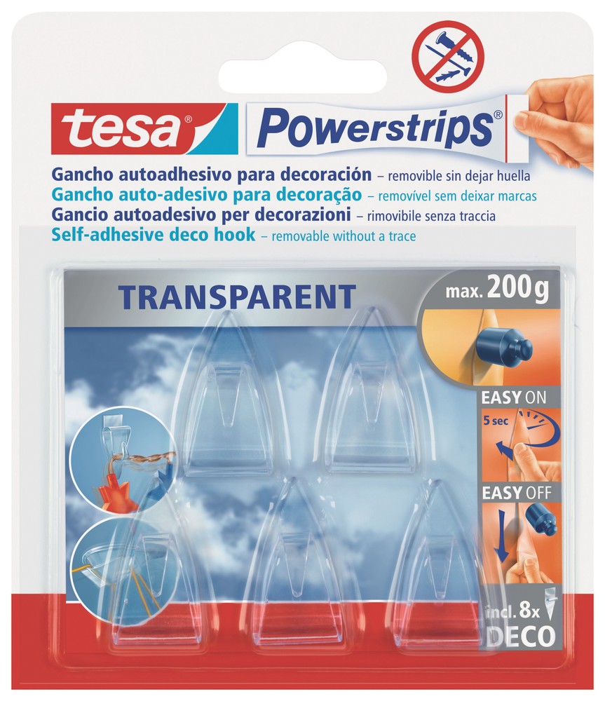 5 Ganci Trasparenti + 8 Strisce Biadesive Rimovibili Powerstrips Tesa - Foto 1