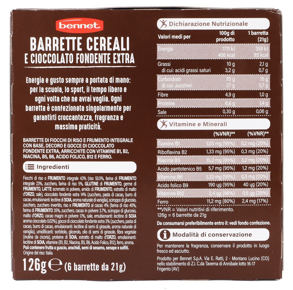 Barrette Slim Flakes Ai Cereali Con Cioccolato Fondente 6pz Bennet - Foto 3