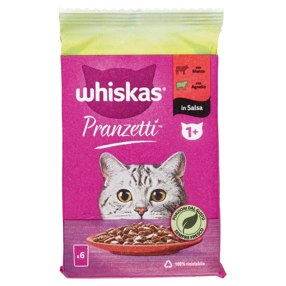 Whiskas Pranzetti Cibo Umido Per Gatti Adulti, Manzo E Agnello, 6x50g - Foto 1