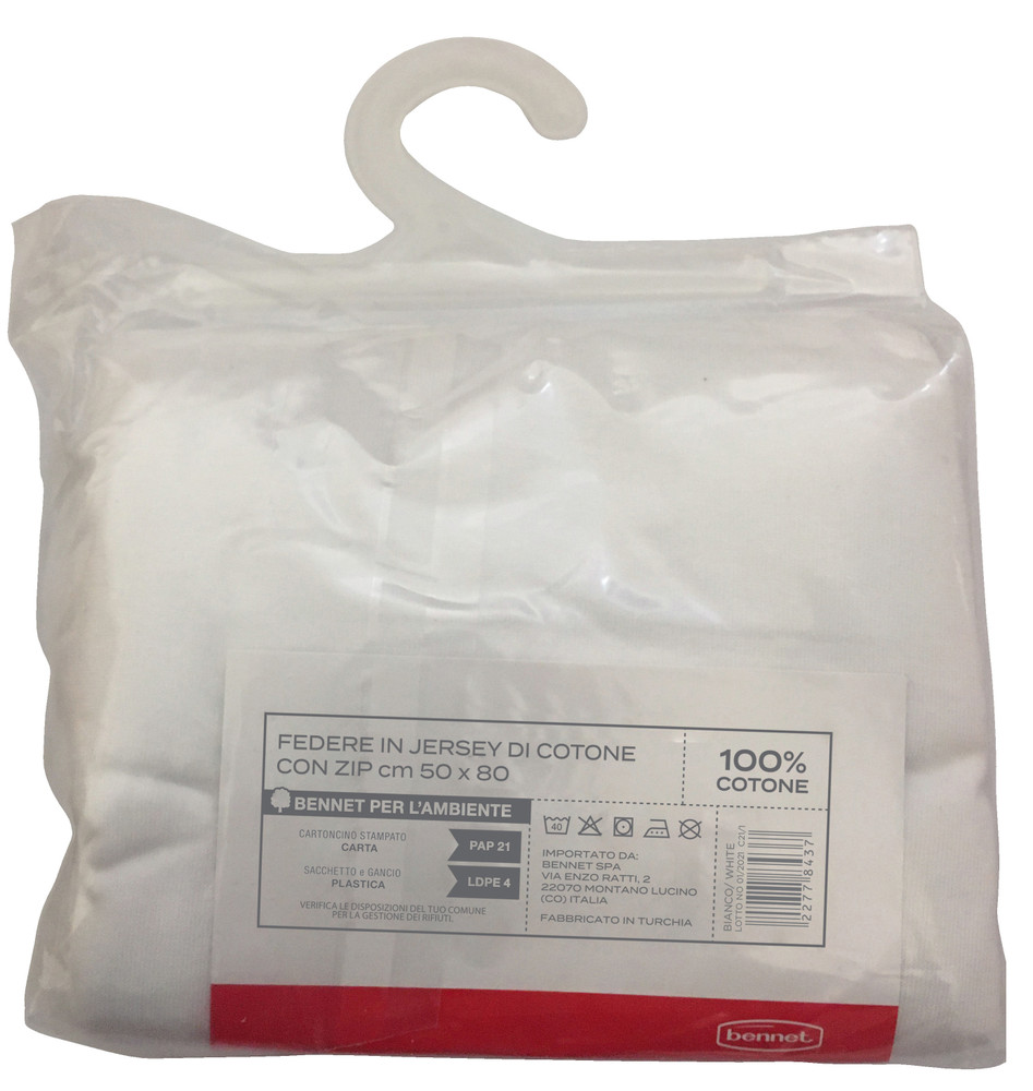 Federa Jersey Tinta Unita Cm50x80 Con Zip Bianco Conf Da 2 Casa - Foto 2