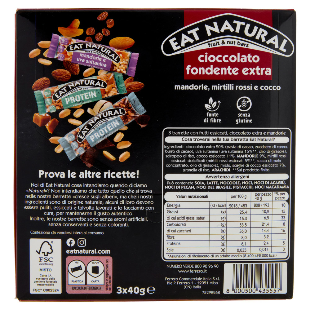 Barrette Cioccolato Fondente Mandorle Mirtilli Cocco 3x40g Eat Natural - Foto 3