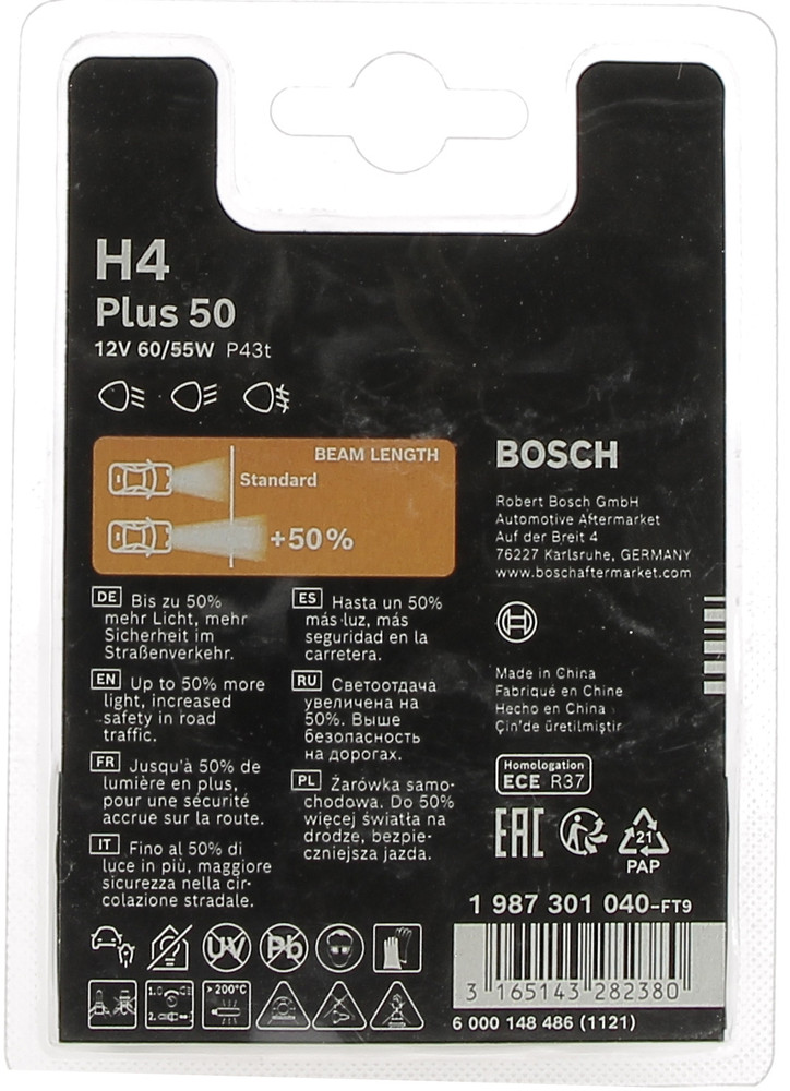 1 Lampadina Per Auto H4 Plus 50 Bosch