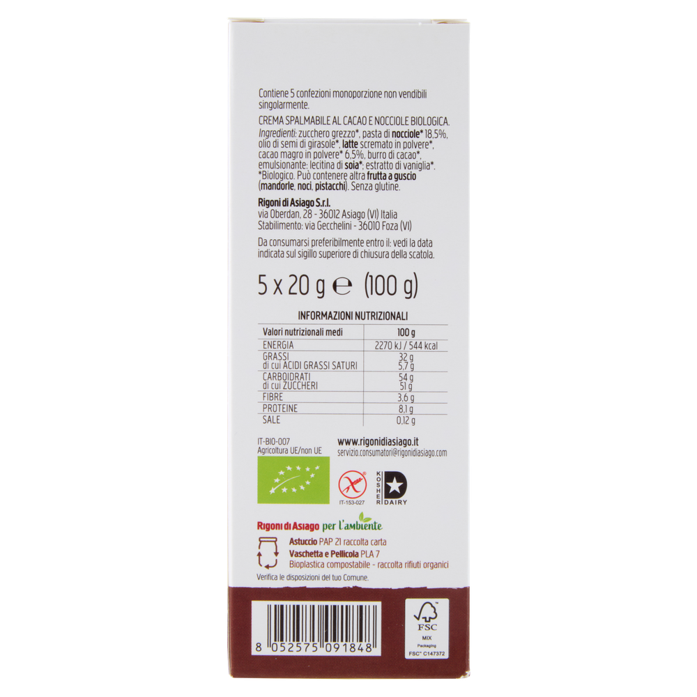 Crema Spalmabile Nocciolata Bio Con Cacao 5x20g Rigoni Di Asiago - Foto 3