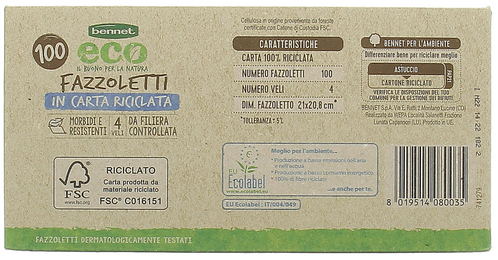 100 Fazzoletti In Carta Riciclata Bennet Eco 4 Veli - Foto 3