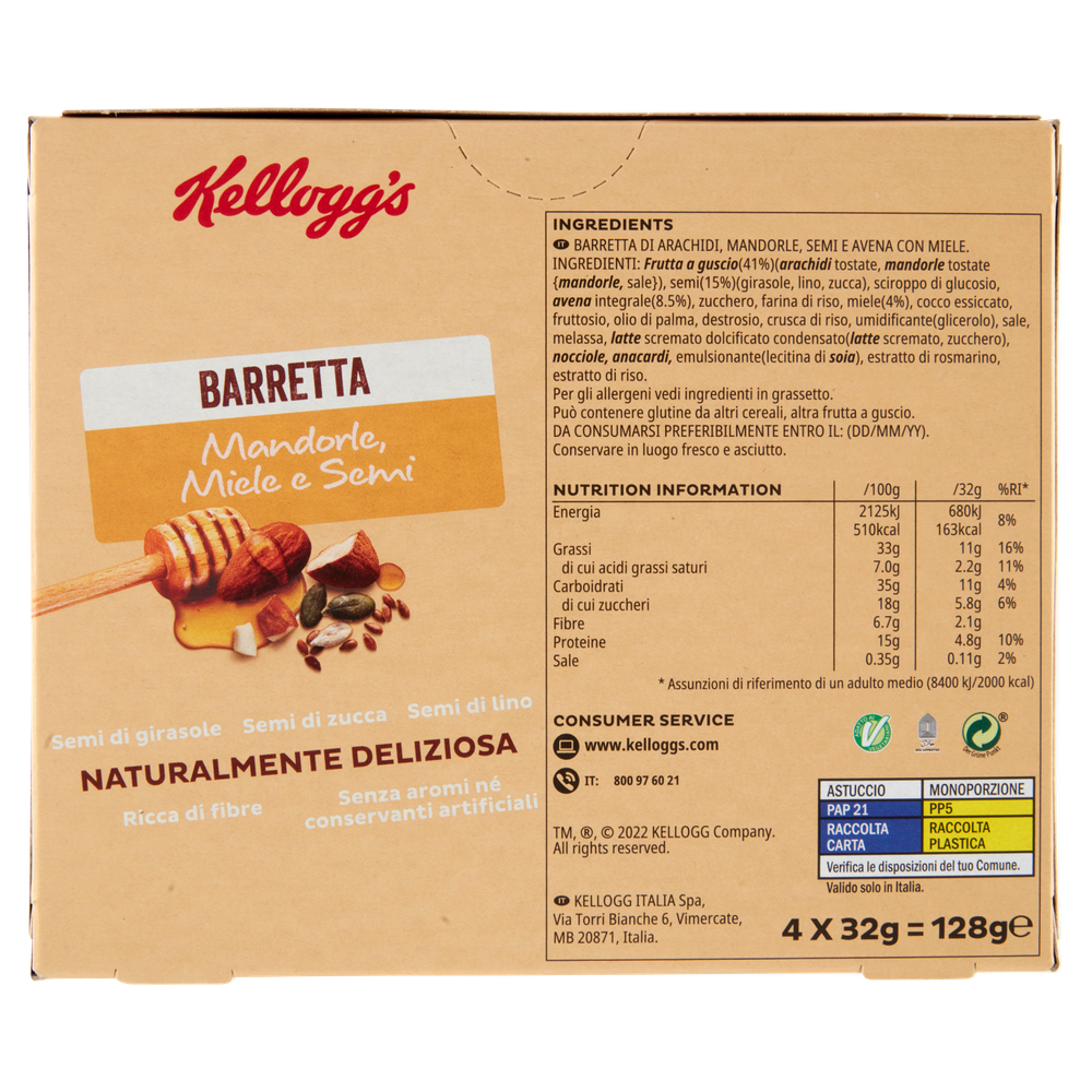 Barrette Di Arachidi Con Mandorle, Semi, Avena, Miele 4x32g Kellogg's - Foto 3