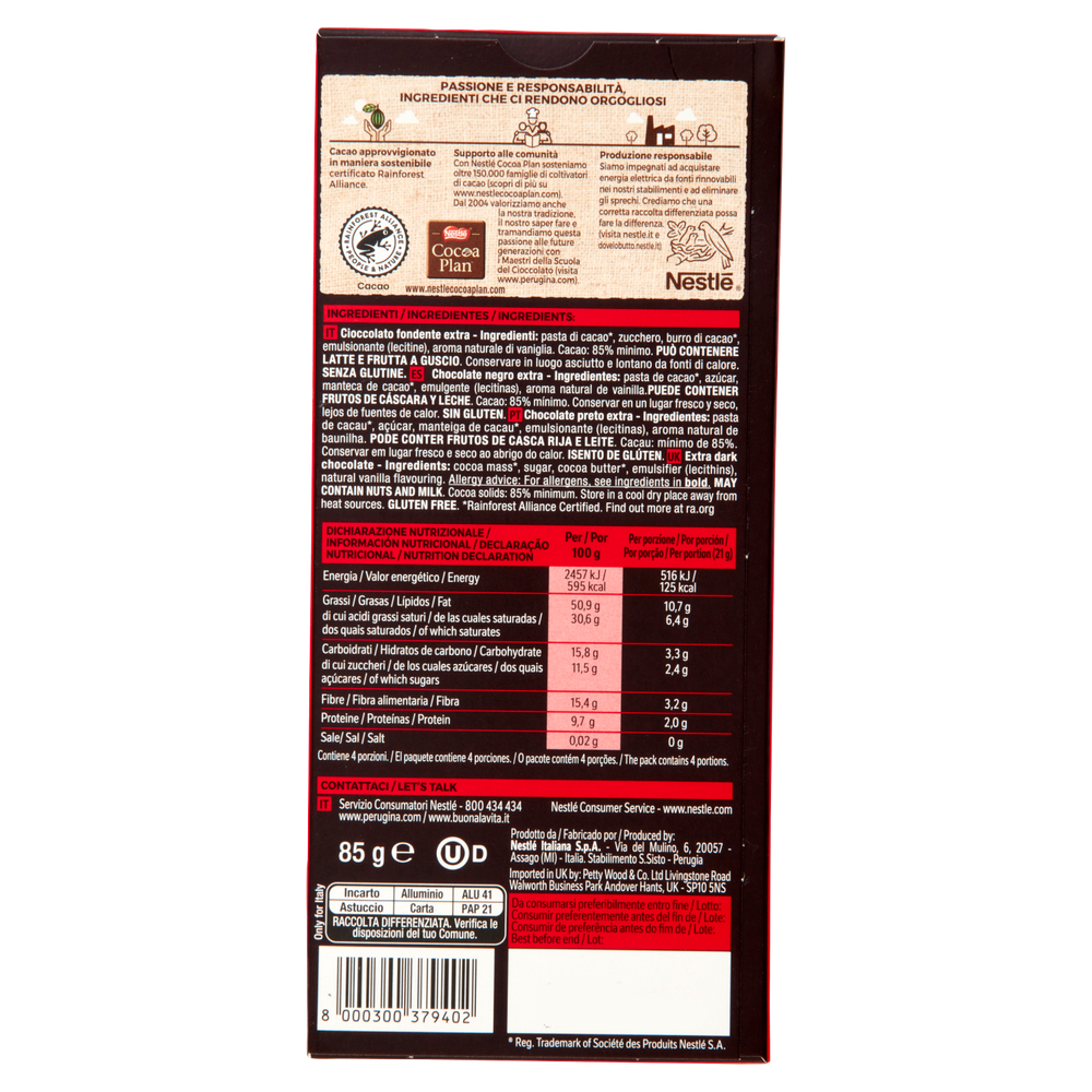 Nero Fondente Extra 85% Tavoletta Cioccolato Fondente