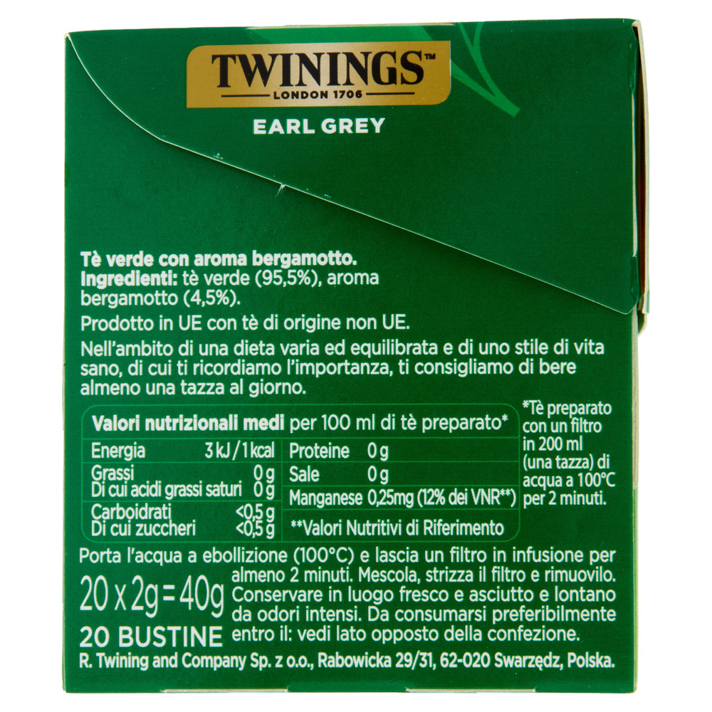 Tè Verde Earl Grey Antiossidante In Bustine 20x2g Twinings - Foto 2