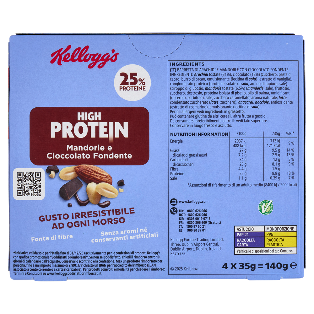 Barretta High Protein Alle Mandorle E Cioccolato Dark 4x35g Kellog's - Foto 3