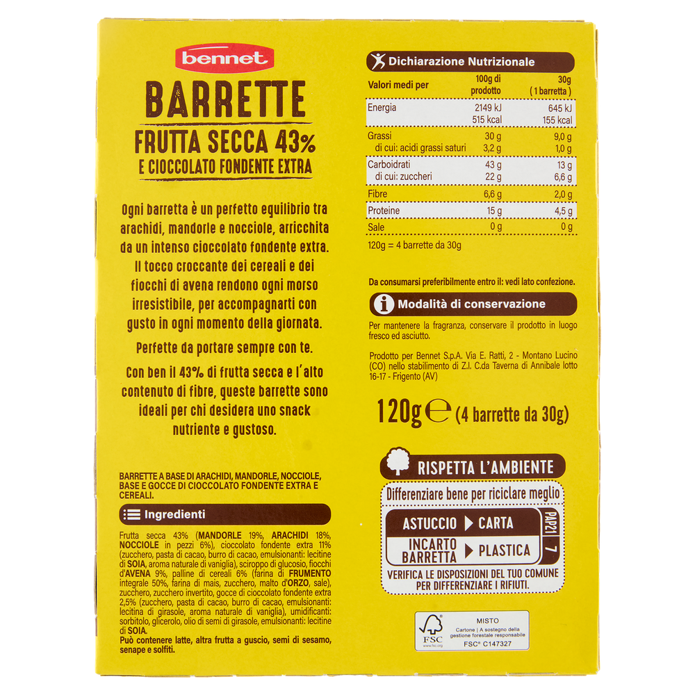 Barretta Frutta Secca E Cioccolato Bennet 30gx4 - Foto 3