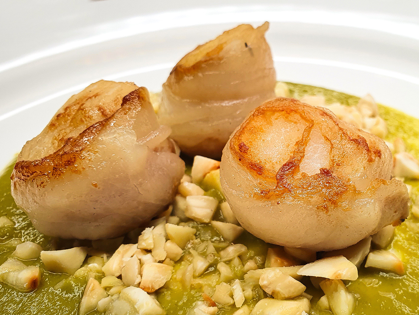 Capesante con lardo, crema di asparagi e mandorle tostate