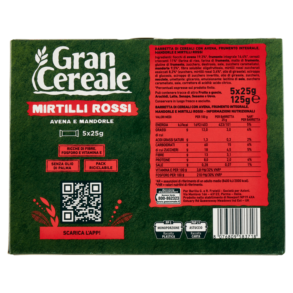 Barrette Di Cereali Integrali Con Mirtilli Rossi 5x25g Gran Cereale - Foto 3