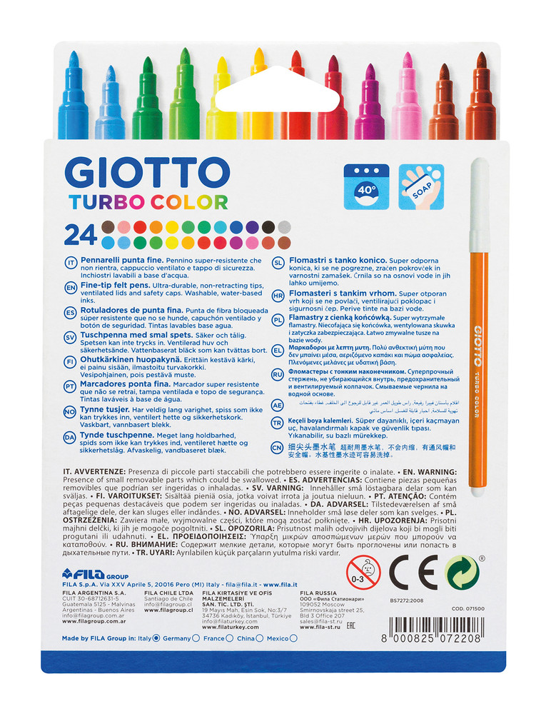 GIOTTO Turbo Color - Barattolo Da 96 Pennarelli A Punta Fine, 2.8