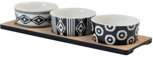3 Coppette Ethnic Tonde In Porcellana Con Vassoio In Bambu'