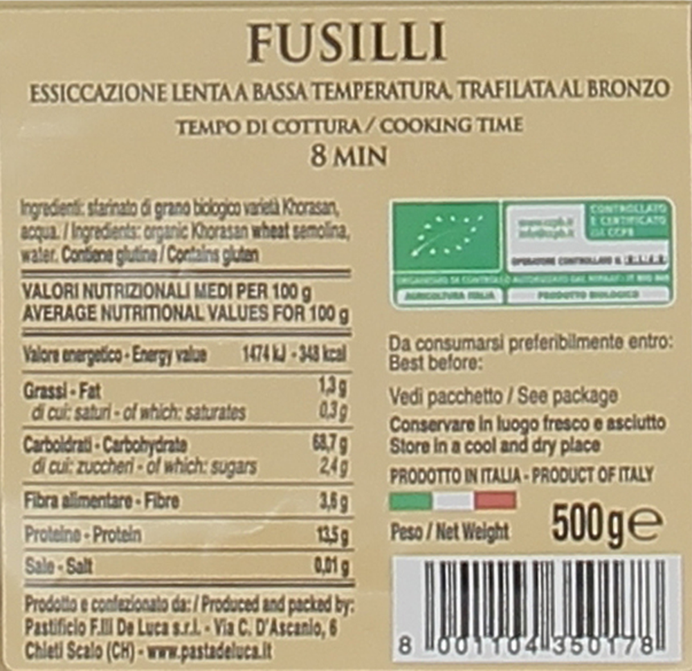 Pasta Fusilli Di Grano Khorasan Bio De Luca - Foto 2