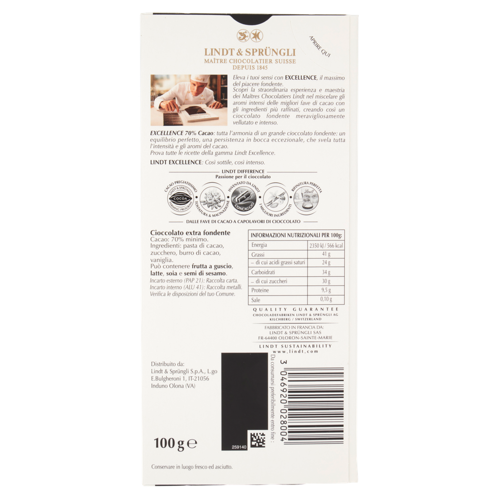 Tavoletta Di Cioccolato Excellence Fondente Extra 70% Di Cacao Lindt - Foto 3