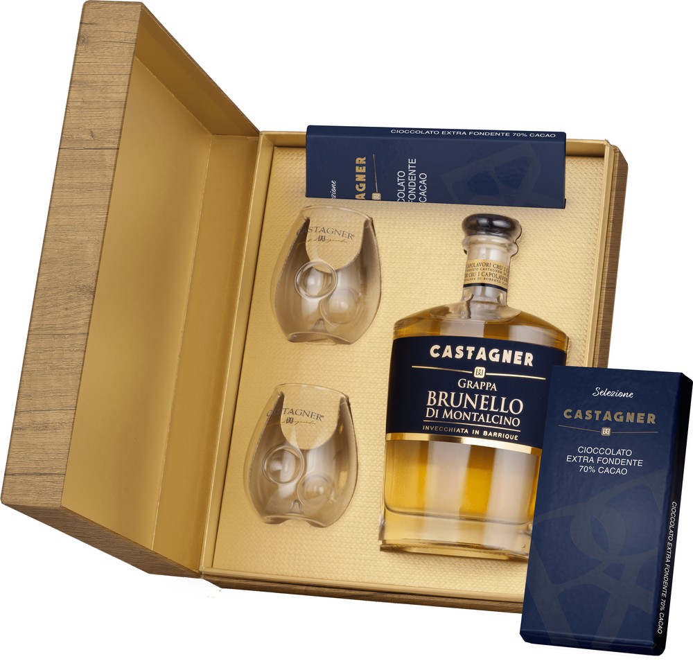 Confezione Grappa Barrique + 2 Bicchieri + Cioccolata