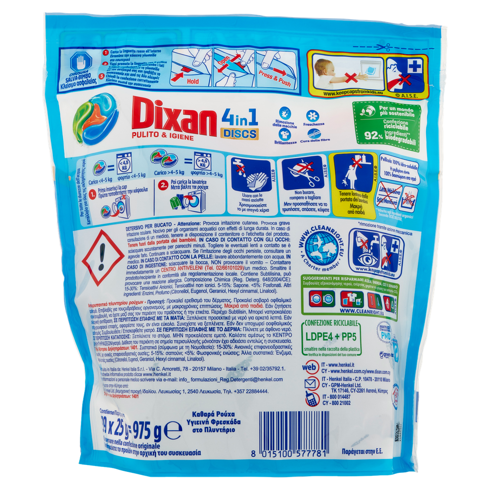 Detersivo Predosato Per Lavatrice Igienizzante Discs Dixan Da 39 Caps