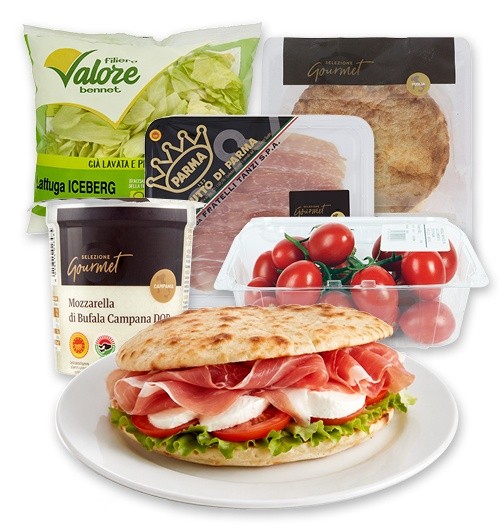 Puccia Classica x2 con Crudo, Mozzarella di Bufala, Pomodoro e Insalata - Foto 1