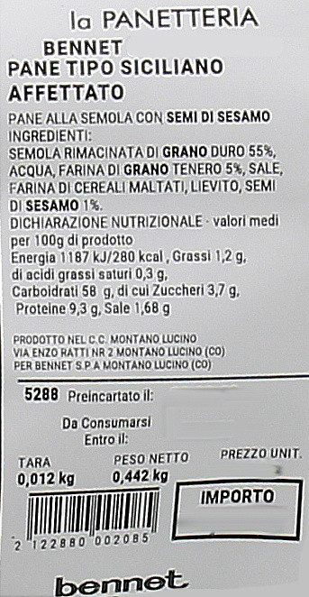 Pane Tipo Siciliano Affettato (pane Di Semola Con Semi Di Sesamo) - Foto 3