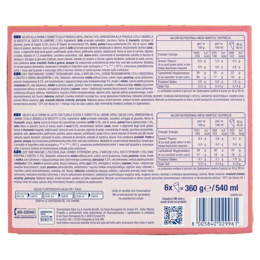 Sammontana Il Cono Cinque Stelle Panna & Fragola, Crema & Limone 6x60g - Foto 3