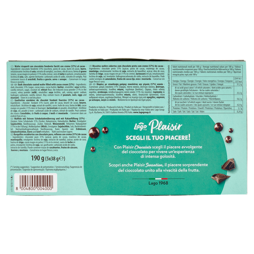 Plaisir Chocolate Fondente Wafer Crema Cacao 5 X 38g - Foto 3