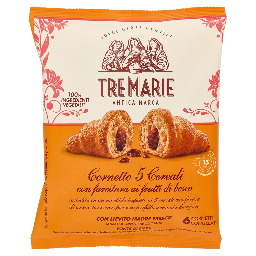 Cornetto 5 Cereali Frutti Di Bosco Lievito Madre 6x65g Tre Marie - Foto 1