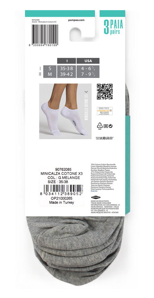 Minicalze Donna Tg.35/38 Grigio Melange Conf Da 3 Pompea