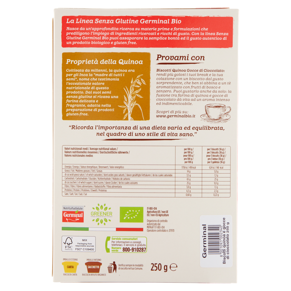 Biscotti Quinoa Con Gocce Di Cioccolato Senza Glutine Germinal Bio - Foto 3