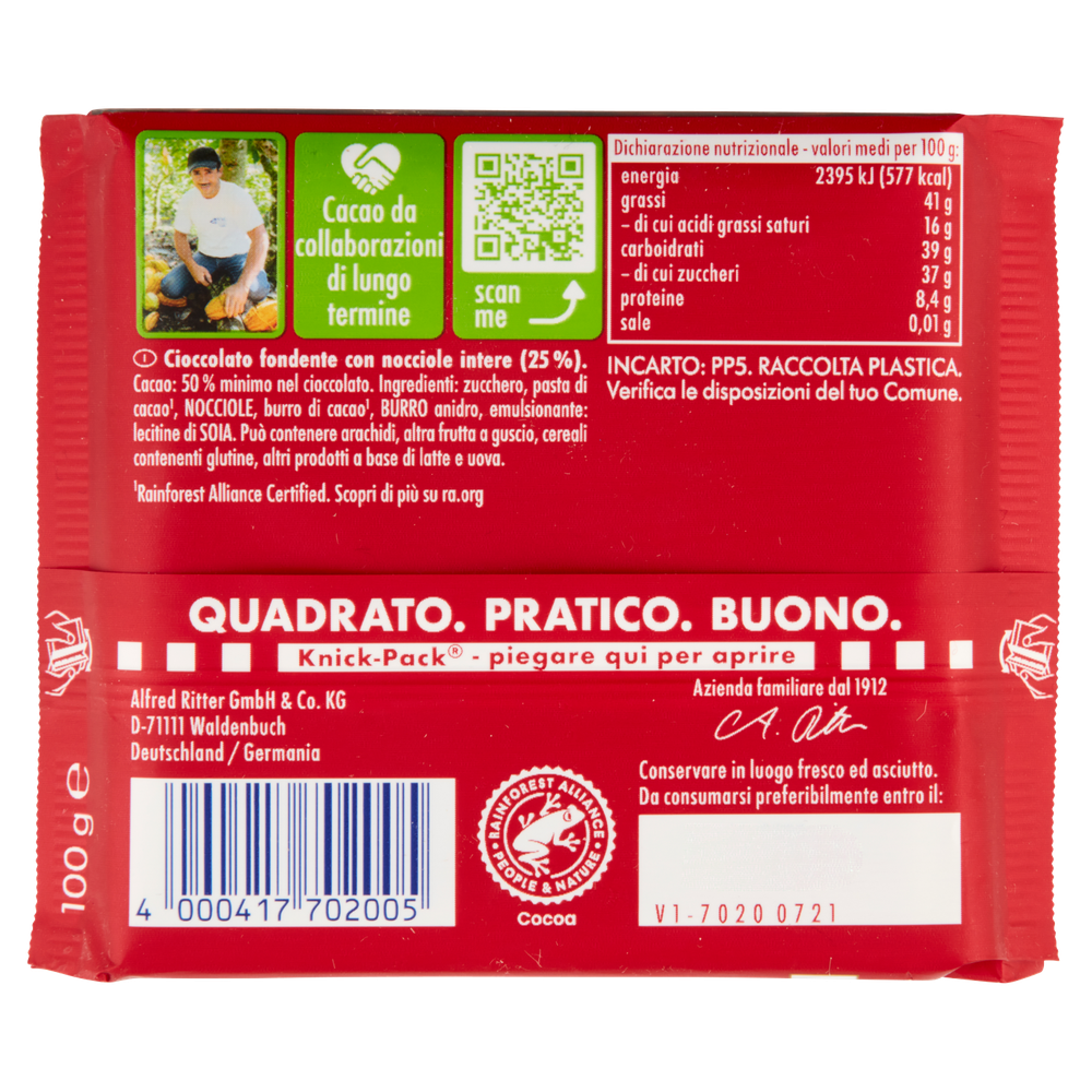 Tavoletta Di Cioccolato Fondente Con Nocciole Intere Ritter Sport - Foto 3
