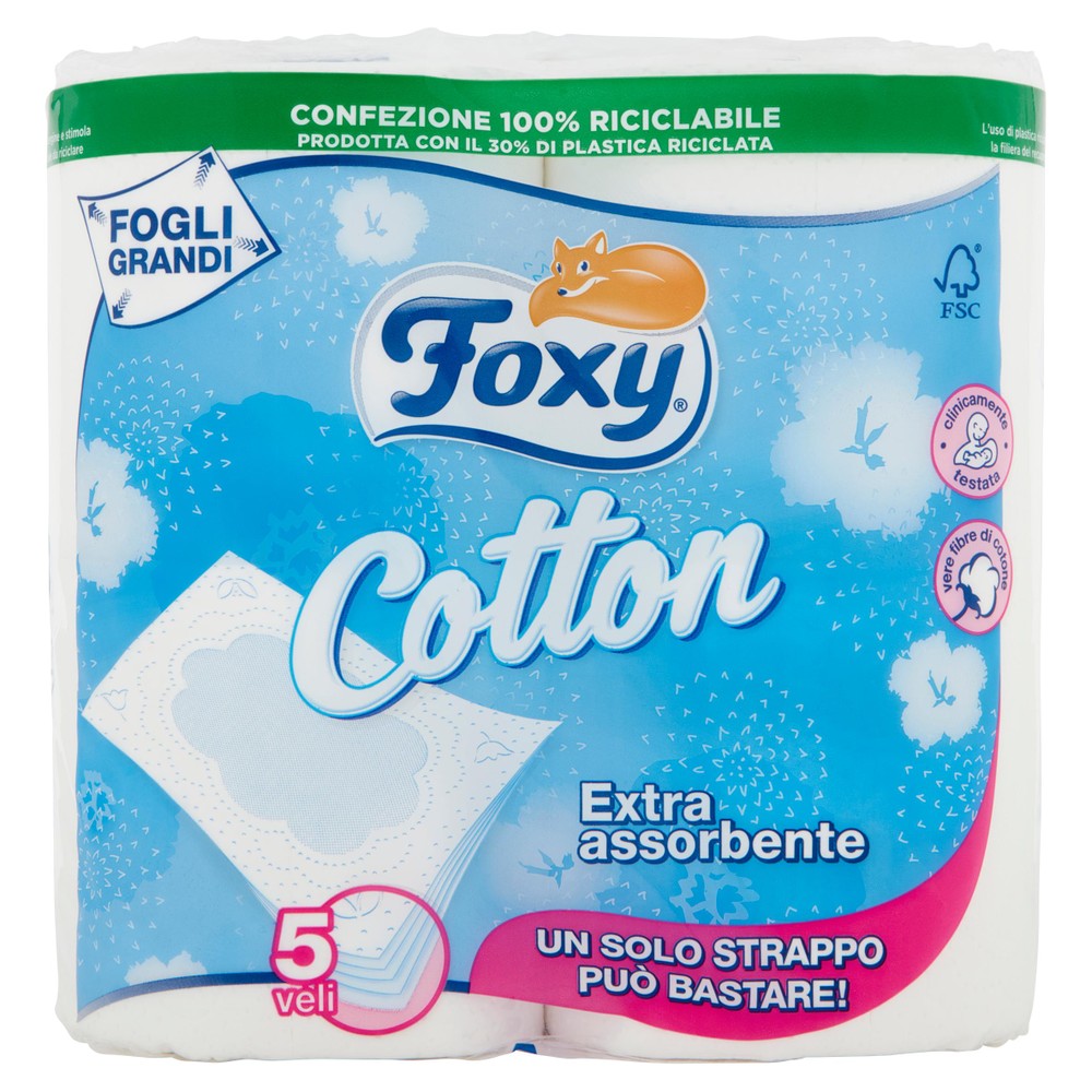 Carta Igienica 5 Veli Foxy Cotton,Conf. Da 4 Rotoli