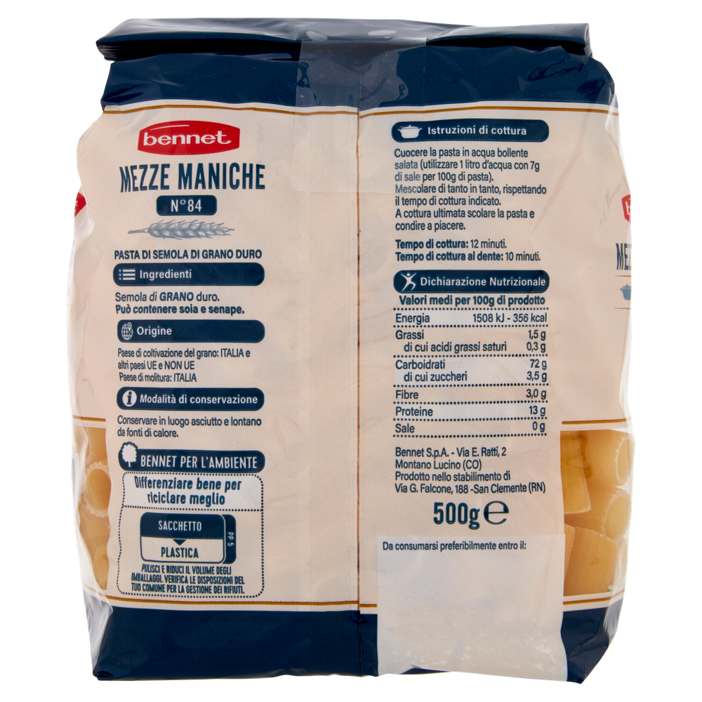 Mezze Maniche N84 Pasta Di Semola Di Grano Duro Bennet