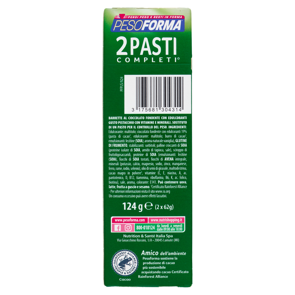 Pesoforma Barrette 2 Pasti Low Sugar Fondente Pistacchio 2x62g - Foto 3