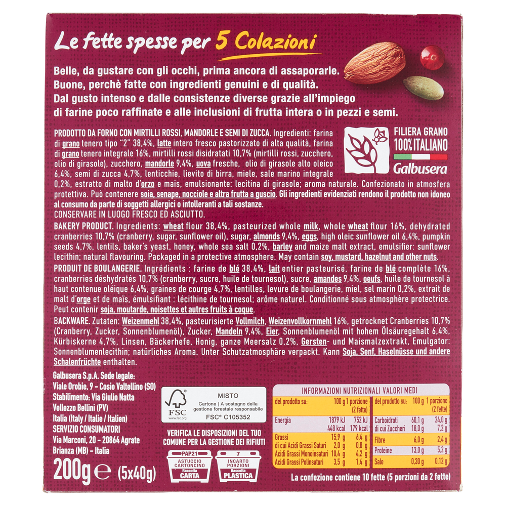 Fette Biscottate Mirtilli, Mandorle E Semi Bellebuone 5x40g Galbusera - Foto 3