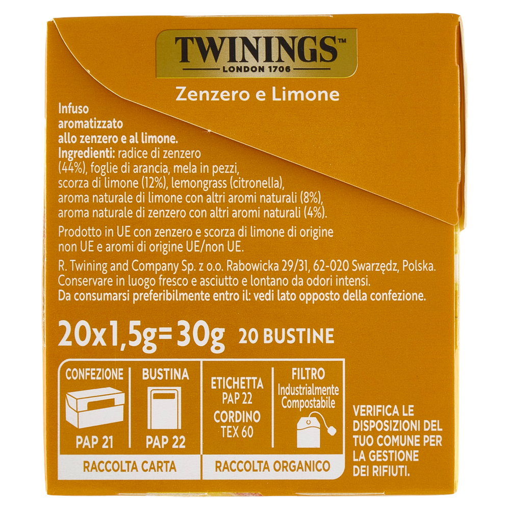 Infuso Aromatizzato Allo Zenzero E Limone Biologici 20x2g Twinings - Foto 2